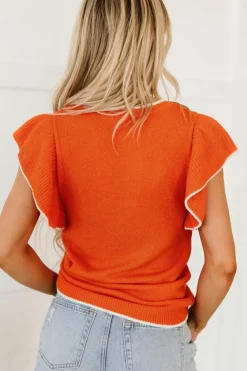 Fashion Dear-Lover Contrast Trim Ruffle Sleeve Knitted Top Russet Orange