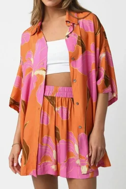 Online Dear-Lover Floral Print Tunic Shirt and Shorts Set Russet Orange