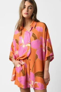 Online Dear-Lover Floral Print Tunic Shirt and Shorts Set Russet Orange