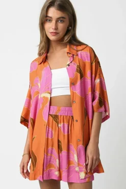 Online Dear-Lover Floral Print Tunic Shirt and Shorts Set Russet Orange