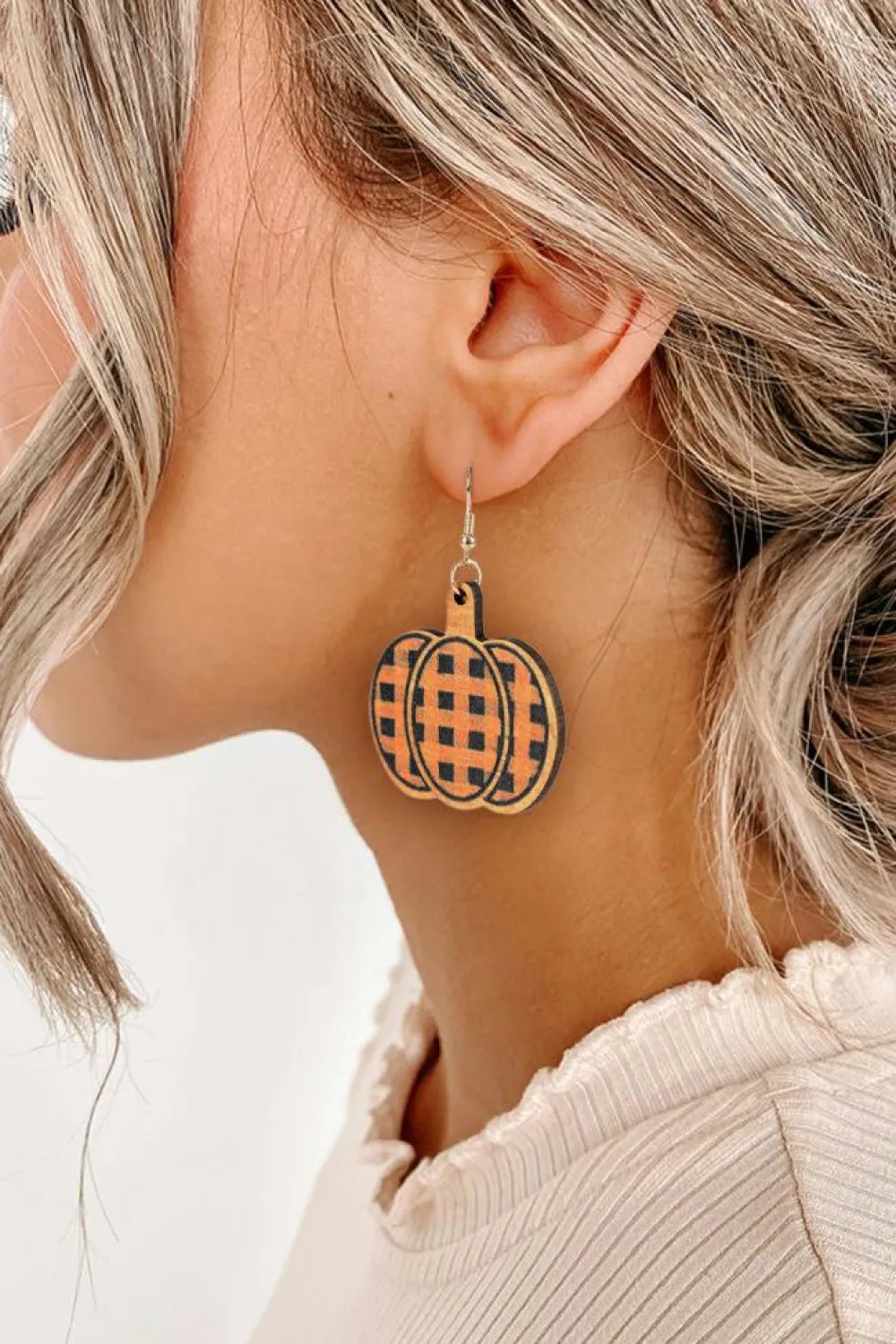 Discount Dear-Lover Plaid Print Pumpkin Shape Halloween Drop Earrings Russet Orange