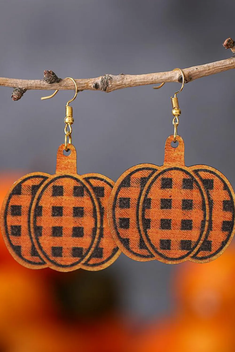 Discount Dear-Lover Plaid Print Pumpkin Shape Halloween Drop Earrings Russet Orange