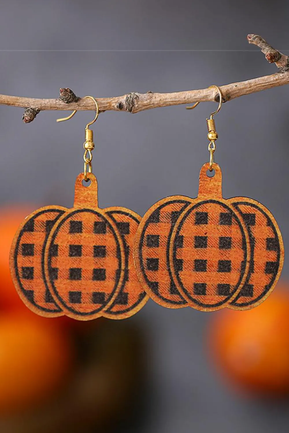 Discount Dear-Lover Plaid Print Pumpkin Shape Halloween Drop Earrings Russet Orange