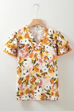 Sale Dear-Lover Ruffled V Neck Scalloped Short Sleeve Floral Blouse Russet Orange