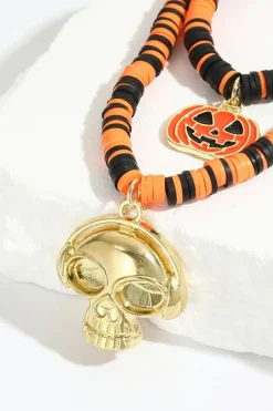 Sale Dear-Lover Skull Pumpkin Face Pendant Layered Beaded Halloween Necklace Russet Orange