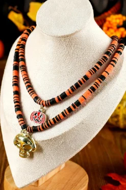 Sale Dear-Lover Skull Pumpkin Face Pendant Layered Beaded Halloween Necklace Russet Orange