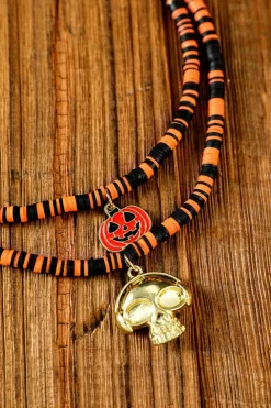 Sale Dear-Lover Skull Pumpkin Face Pendant Layered Beaded Halloween Necklace Russet Orange