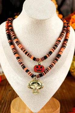 Sale Dear-Lover Skull Pumpkin Face Pendant Layered Beaded Halloween Necklace Russet Orange