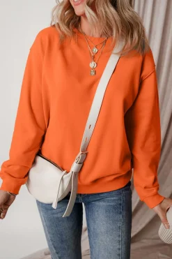 Outlet Dear-Lover Solid Fleece Lined Drop Shoulder Terry Sweatshirt Russet Orange