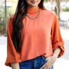 Best Dear-Lover Swiss Dot Balloon Sleeve Loose Blouse Russet Orange