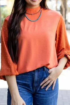 Best Dear-Lover Swiss Dot Balloon Sleeve Loose Blouse Russet Orange