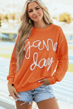 Online Dear-Lover Tinsel Game Day Drop Shoulder Graphic Sweatshirt Russet Orange