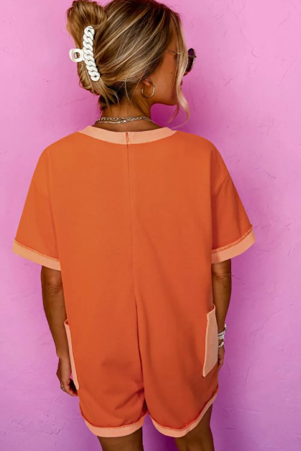 Online Dear-Lover Two-tone Short Sleeve V Neck Patched Pocket Loose Romper Russet Orange