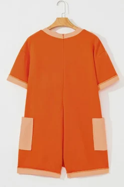 Online Dear-Lover Two-tone Short Sleeve V Neck Patched Pocket Loose Romper Russet Orange