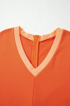Online Dear-Lover Two-tone Short Sleeve V Neck Patched Pocket Loose Romper Russet Orange