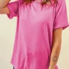 Best Dear-Lover Bright Casual Plain Crew Neck Tee Sachet Pink