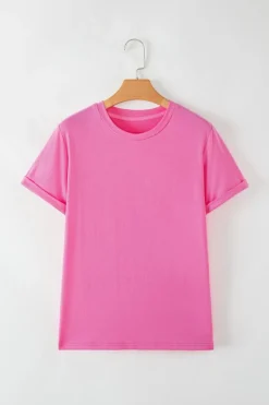 Best Dear-Lover Bright Casual Plain Crew Neck Tee Sachet Pink