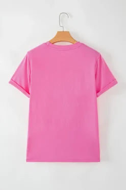 Best Dear-Lover Bright Casual Plain Crew Neck Tee Sachet Pink
