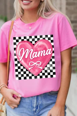 New Dear-Lover Checkered Heart Pattern mama Bow Graphic Tee Sachet Pink