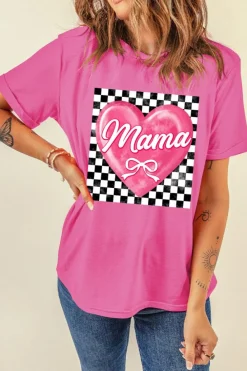 New Dear-Lover Checkered Heart Pattern mama Bow Graphic Tee Sachet Pink