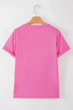 New Dear-Lover Checkered Heart Pattern mama Bow Graphic Tee Sachet Pink