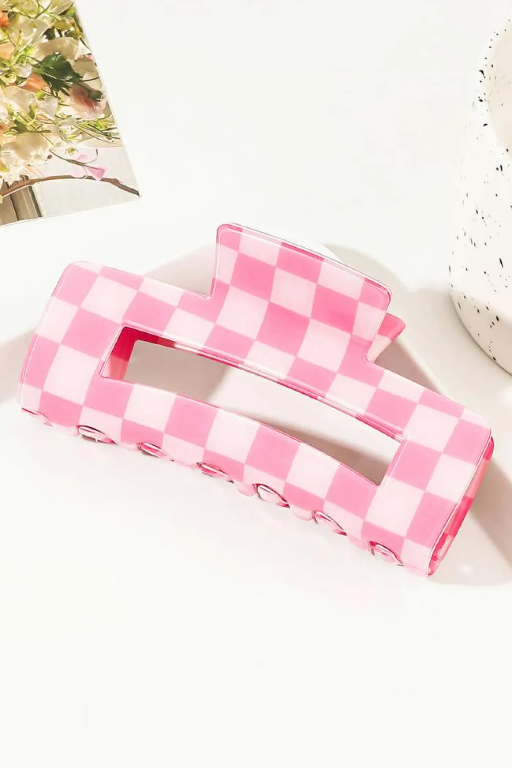Best Dear-Lover Checkered Print Hollow Out Hair Clip Sachet Pink