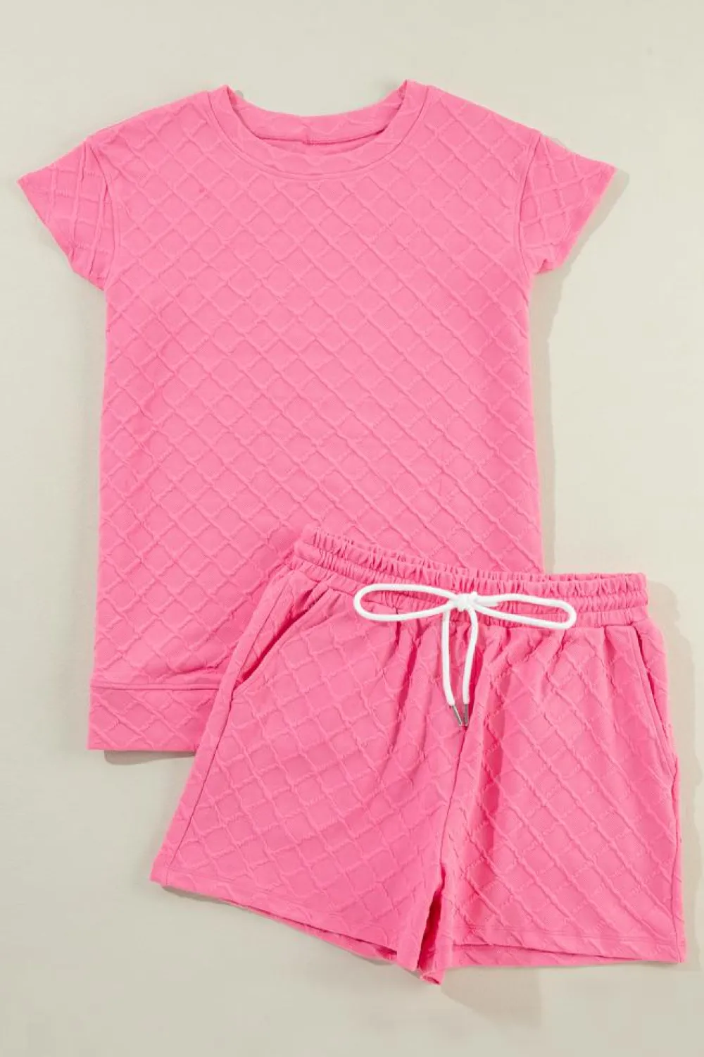 Online Dear-Lover Checkered Textured Tee and Drawstring Shorts Sachet Pink