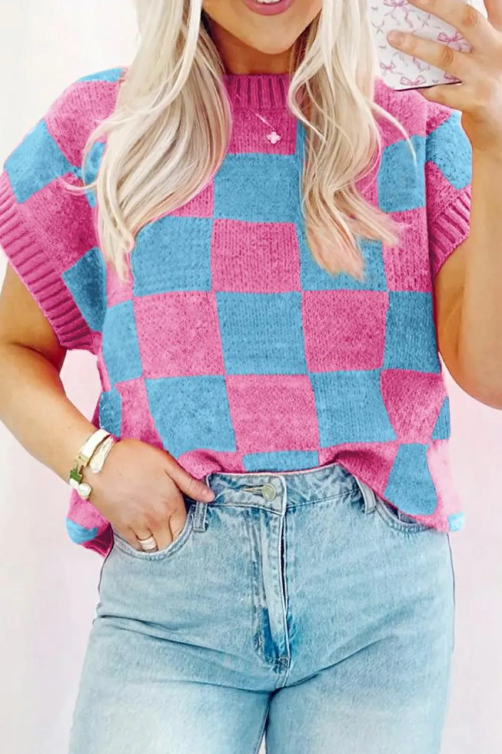 Sale Dear-Lover Colorblock Plaid Pattern Ribbed Trim Sweater Tank Top Sachet Pink