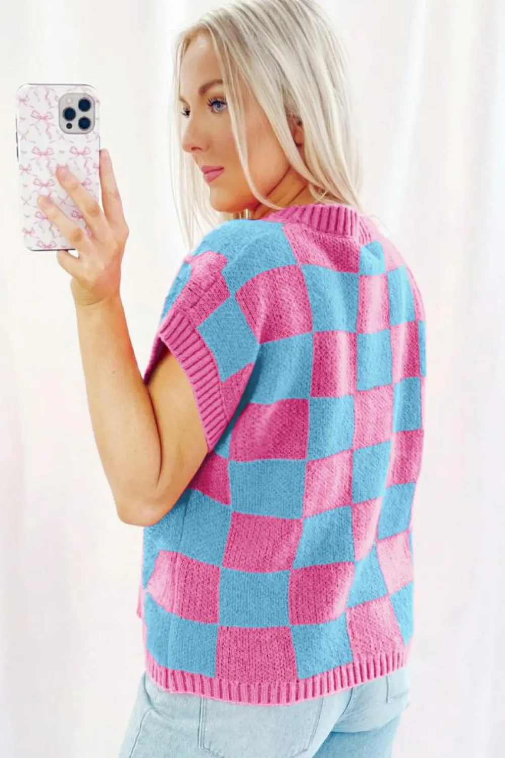 Sale Dear-Lover Colorblock Plaid Pattern Ribbed Trim Sweater Tank Top Sachet Pink