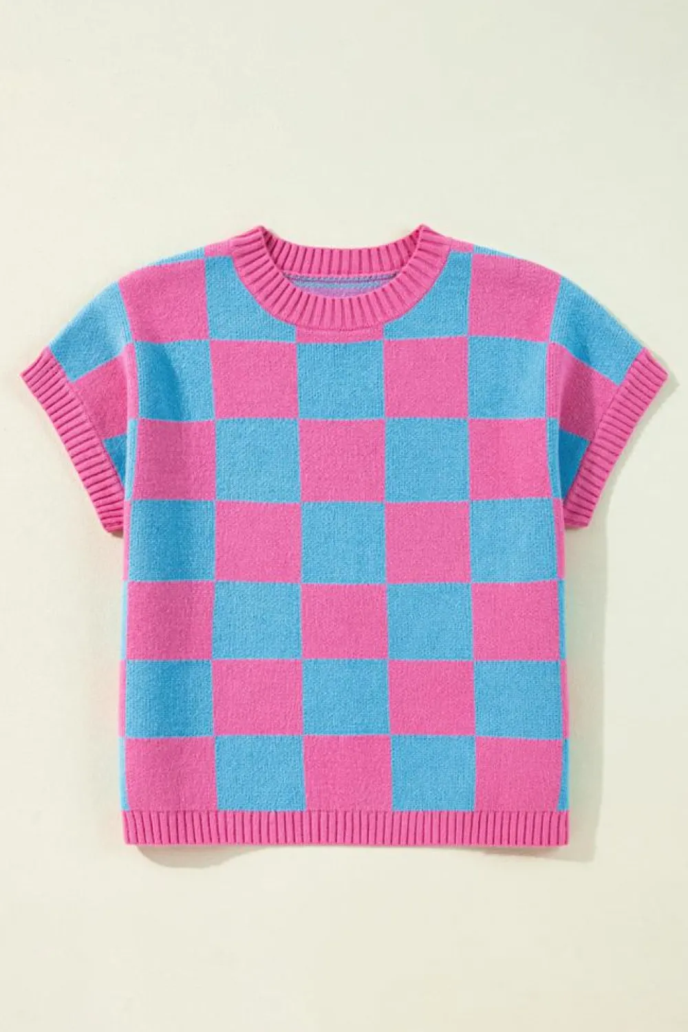 Sale Dear-Lover Colorblock Plaid Pattern Ribbed Trim Sweater Tank Top Sachet Pink