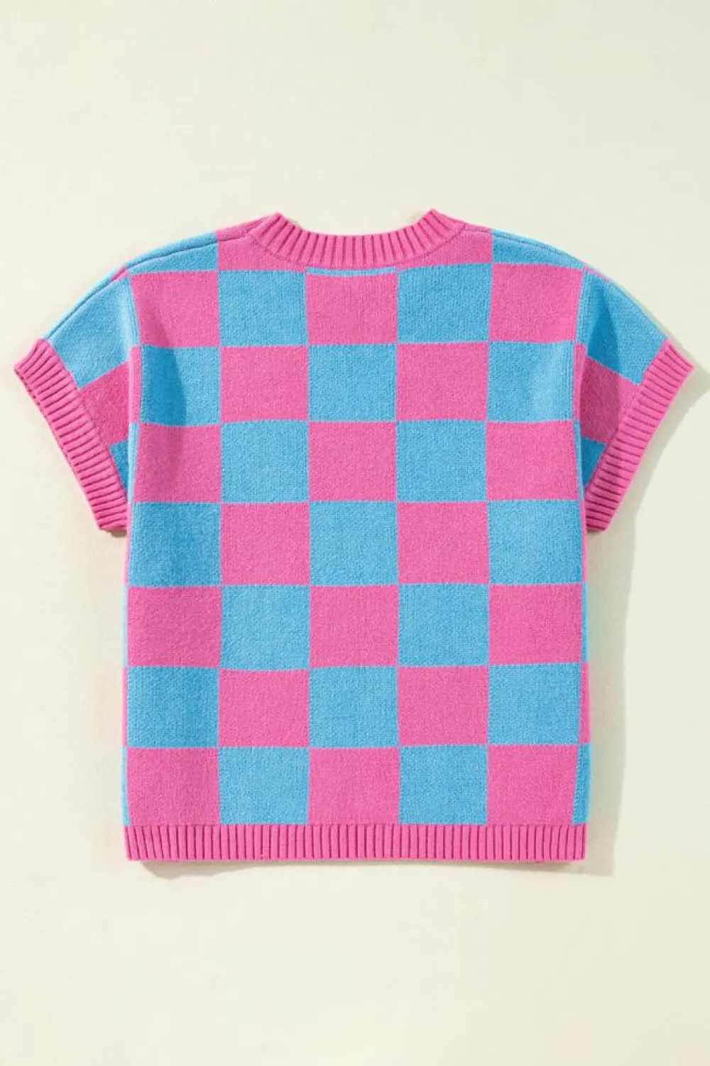 Sale Dear-Lover Colorblock Plaid Pattern Ribbed Trim Sweater Tank Top Sachet Pink