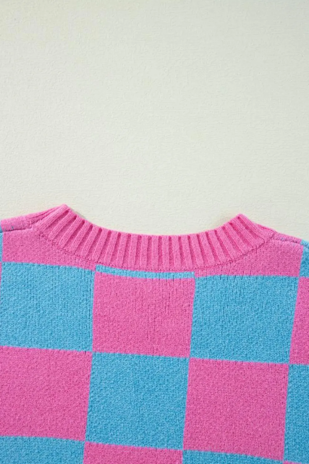 Sale Dear-Lover Colorblock Plaid Pattern Ribbed Trim Sweater Tank Top Sachet Pink