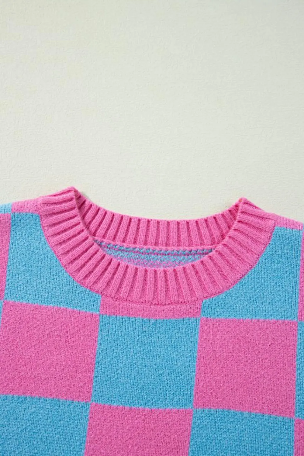 Sale Dear-Lover Colorblock Plaid Pattern Ribbed Trim Sweater Tank Top Sachet Pink