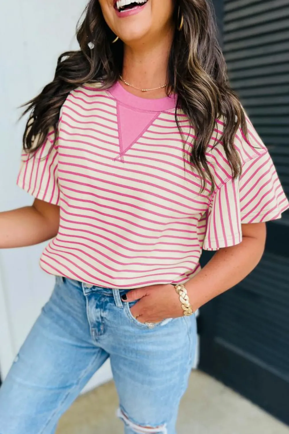 Outlet Dear-Lover Contrast Detail Striped Ruffle Short Sleeve Top Sachet Pink