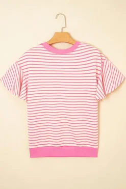 Outlet Dear-Lover Contrast Detail Striped Ruffle Short Sleeve Top Sachet Pink