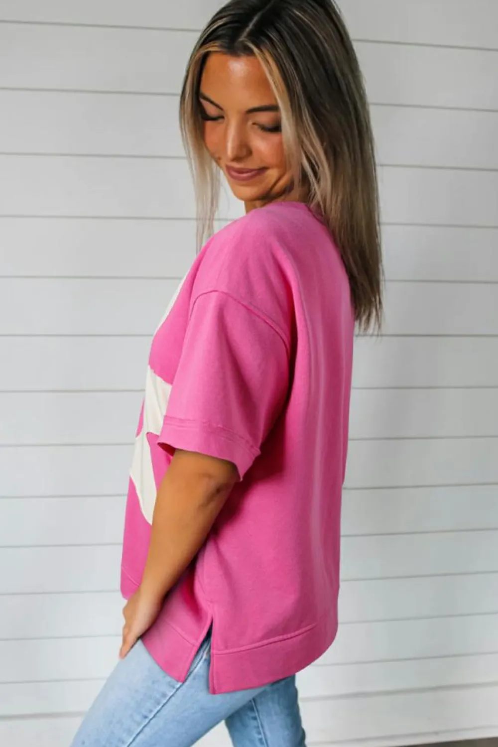 Online Dear-Lover Contrast Flower Drop Shoulder Loose T Shirt Sachet Pink