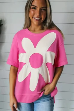 Online Dear-Lover Contrast Flower Drop Shoulder Loose T Shirt Sachet Pink