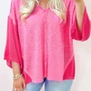 New Dear-Lover Contrast Patchwork 3/4 Sleeve V Neck Loose Blouse Sachet Pink