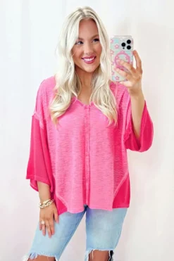 New Dear-Lover Contrast Patchwork 3/4 Sleeve V Neck Loose Blouse Sachet Pink