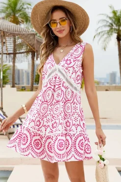Fashion Dear-Lover Elegant Printed Cutout Lace V-Neck Sleeveless Dress Sachet Pink