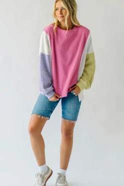 New Dear-Lover Exposed Seam Striped Color Block Patchwork Long Sleeve Top Sachet Pink