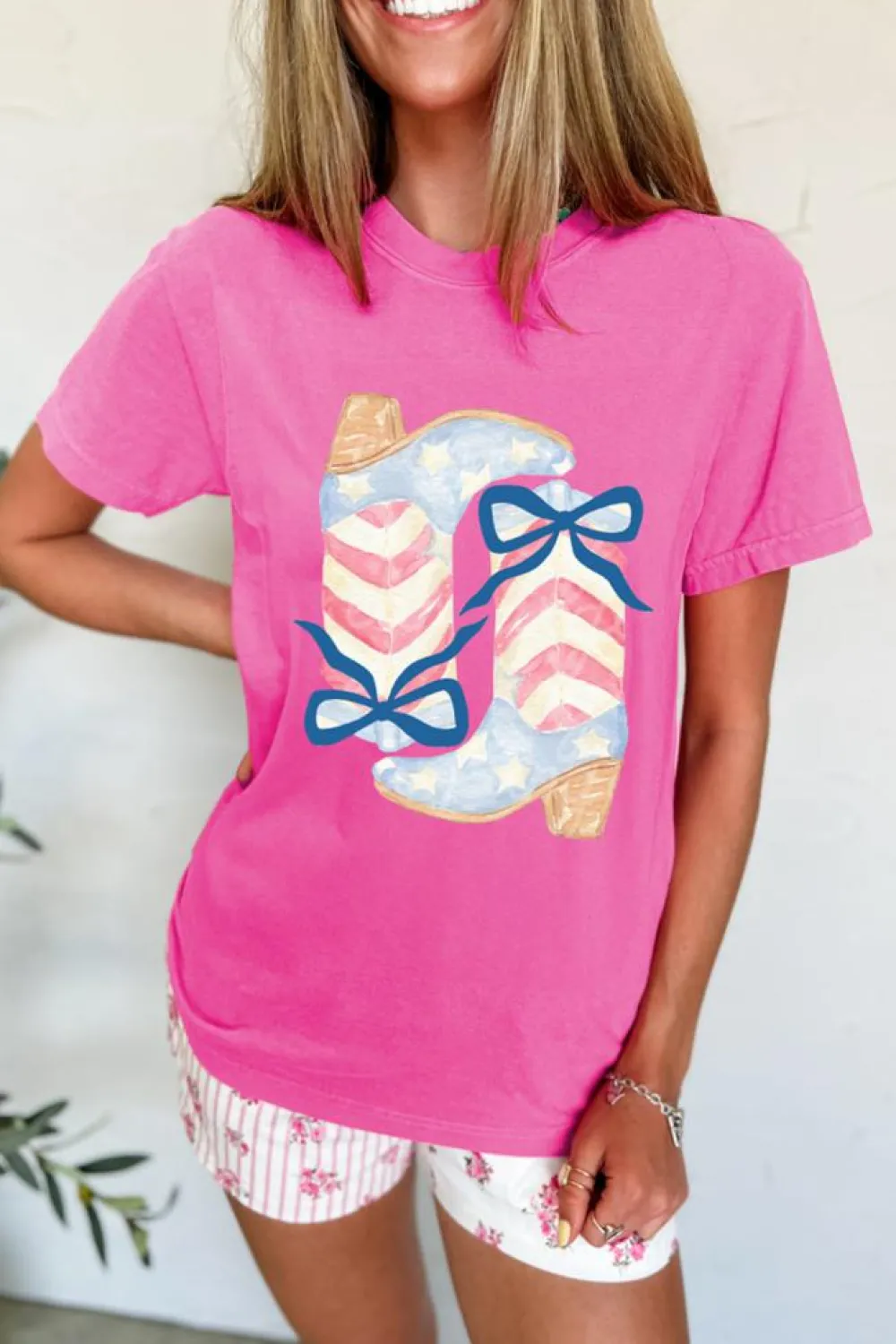 Online Dear-Lover Flag Pattern Boots Bow Accent Casual Graphic Tee Sachet Pink