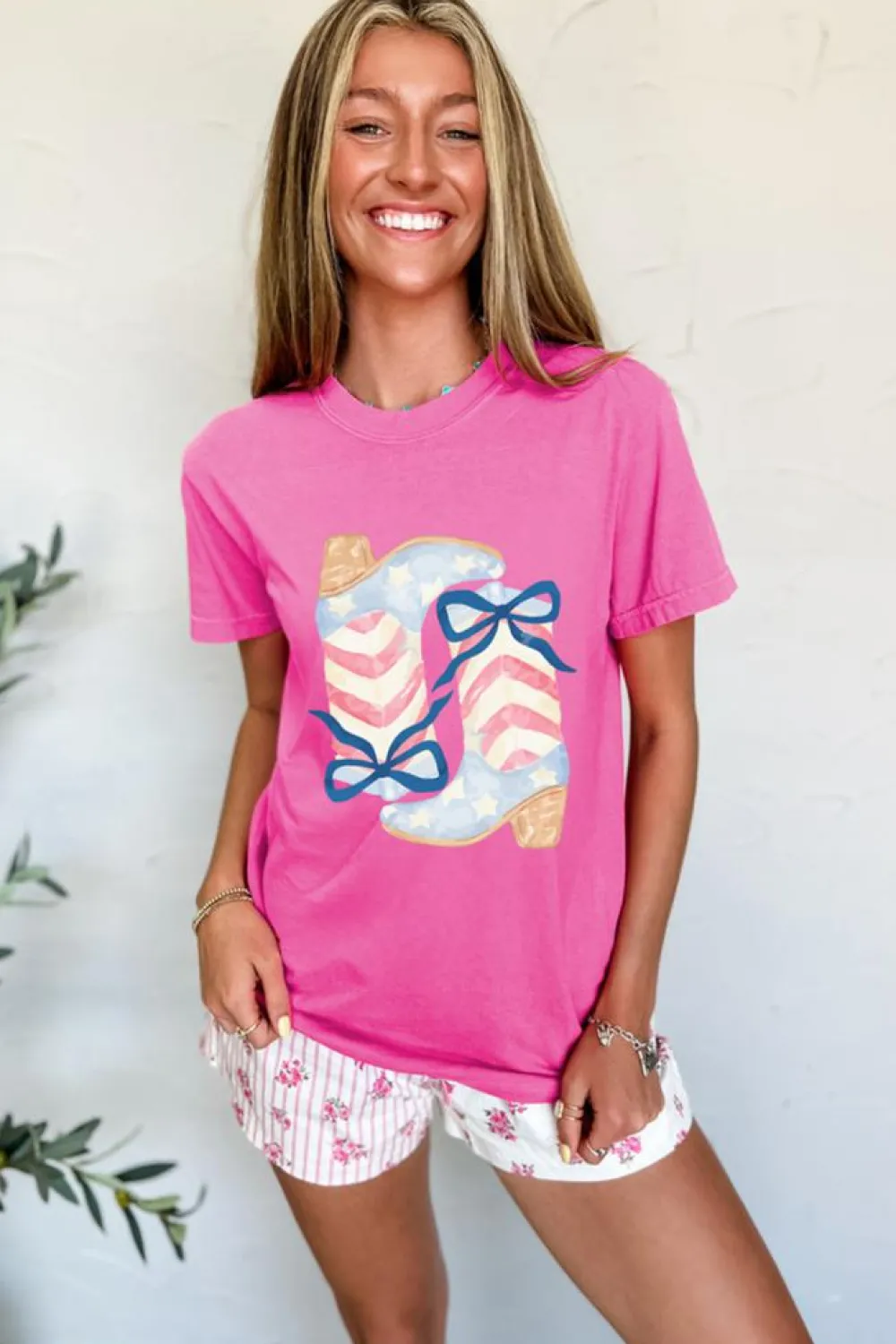Online Dear-Lover Flag Pattern Boots Bow Accent Casual Graphic Tee Sachet Pink