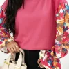 Outlet Dear-Lover Flower Patchwork Ruffled Sleeve Ribbed Knit Drop Shoulder Top Sachet Pink
