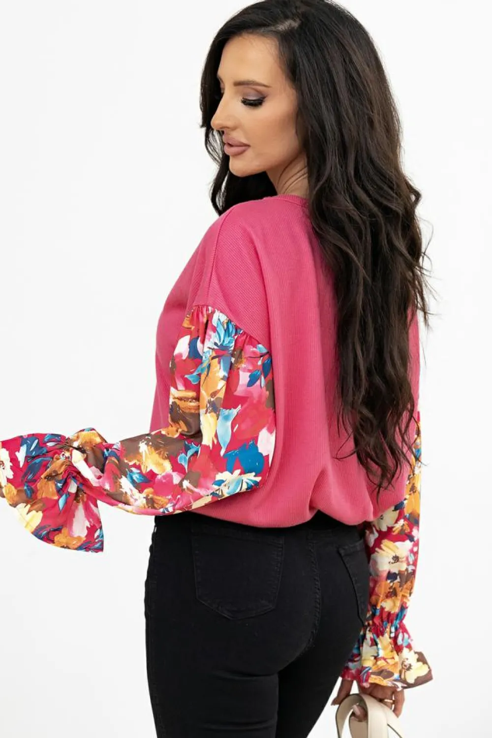 Outlet Dear-Lover Flower Patchwork Ruffled Sleeve Ribbed Knit Drop Shoulder Top Sachet Pink