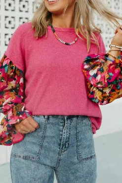 Outlet Dear-Lover Flower Patchwork Ruffled Sleeve Ribbed Knit Drop Shoulder Top Sachet Pink