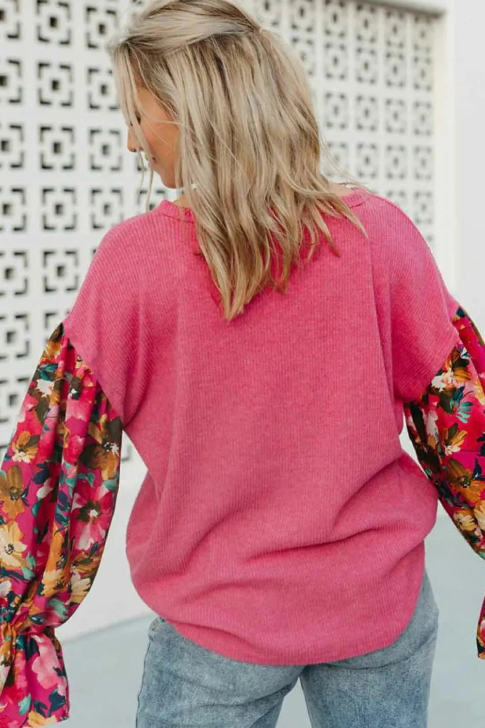 Outlet Dear-Lover Flower Patchwork Ruffled Sleeve Ribbed Knit Drop Shoulder Top Sachet Pink