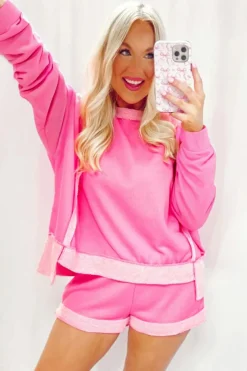 Fashion Dear-Lover High Low Patchwork Long Sleeve Top and Shorts Set Sachet Pink