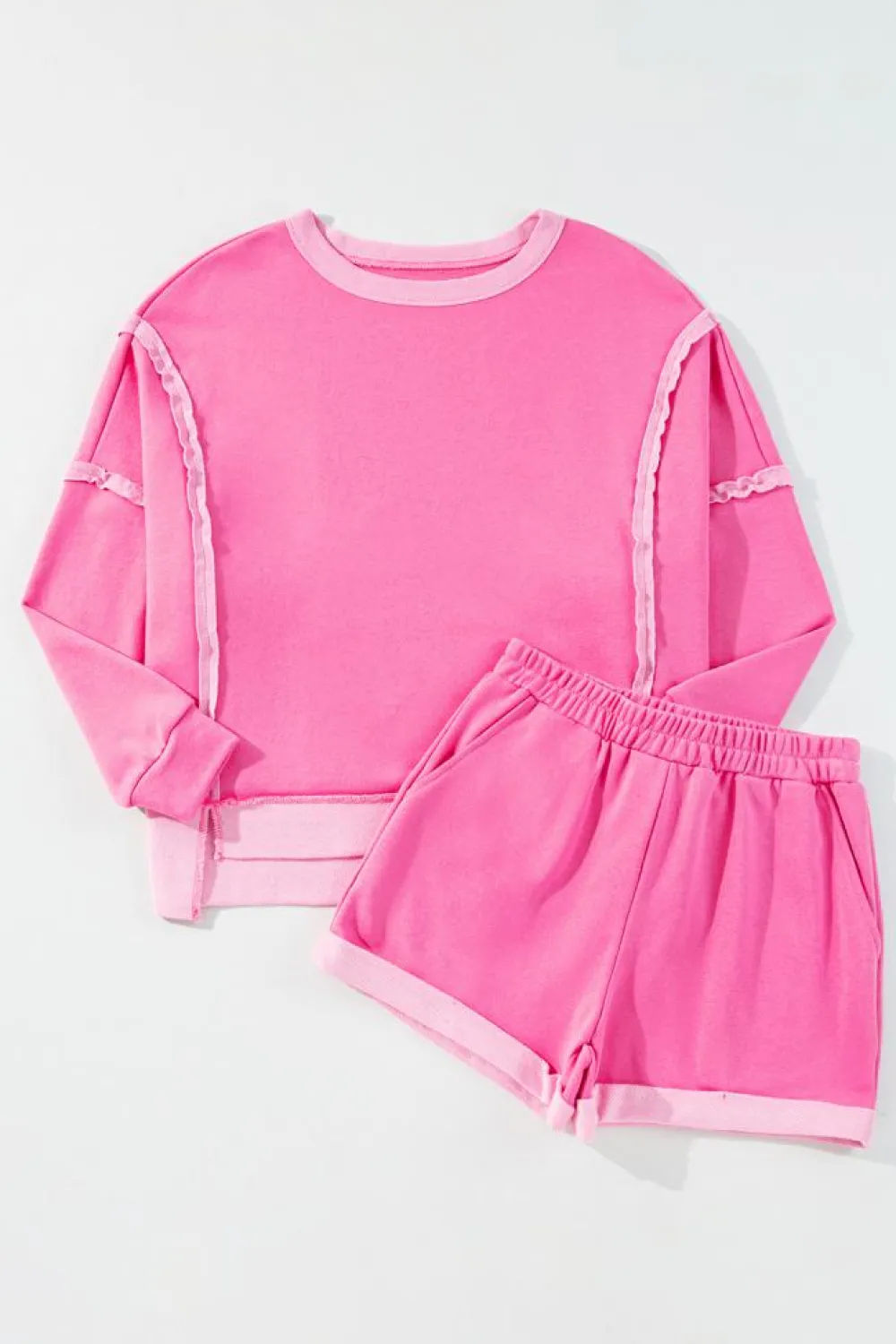 Fashion Dear-Lover High Low Patchwork Long Sleeve Top and Shorts Set Sachet Pink