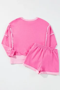 Fashion Dear-Lover High Low Patchwork Long Sleeve Top and Shorts Set Sachet Pink